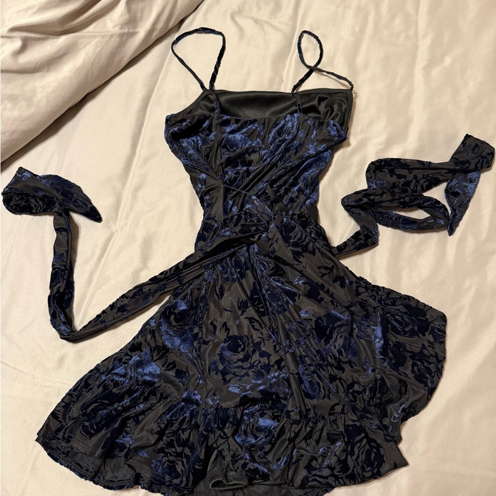 Free People Black & Blue Velvet Floral Tie Mini Dress
